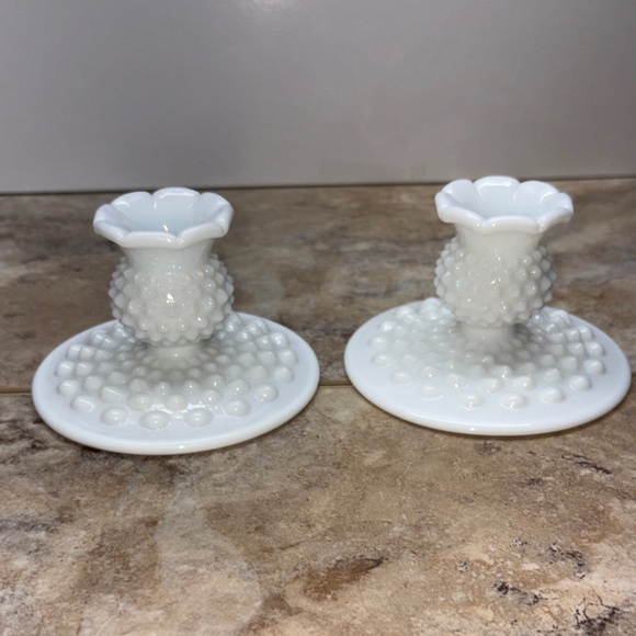 Set of 2 Vintage Fenton Hobnail Milk Glass Candlesticks Pair Candle Holders 3”T - Picture 3 of 8